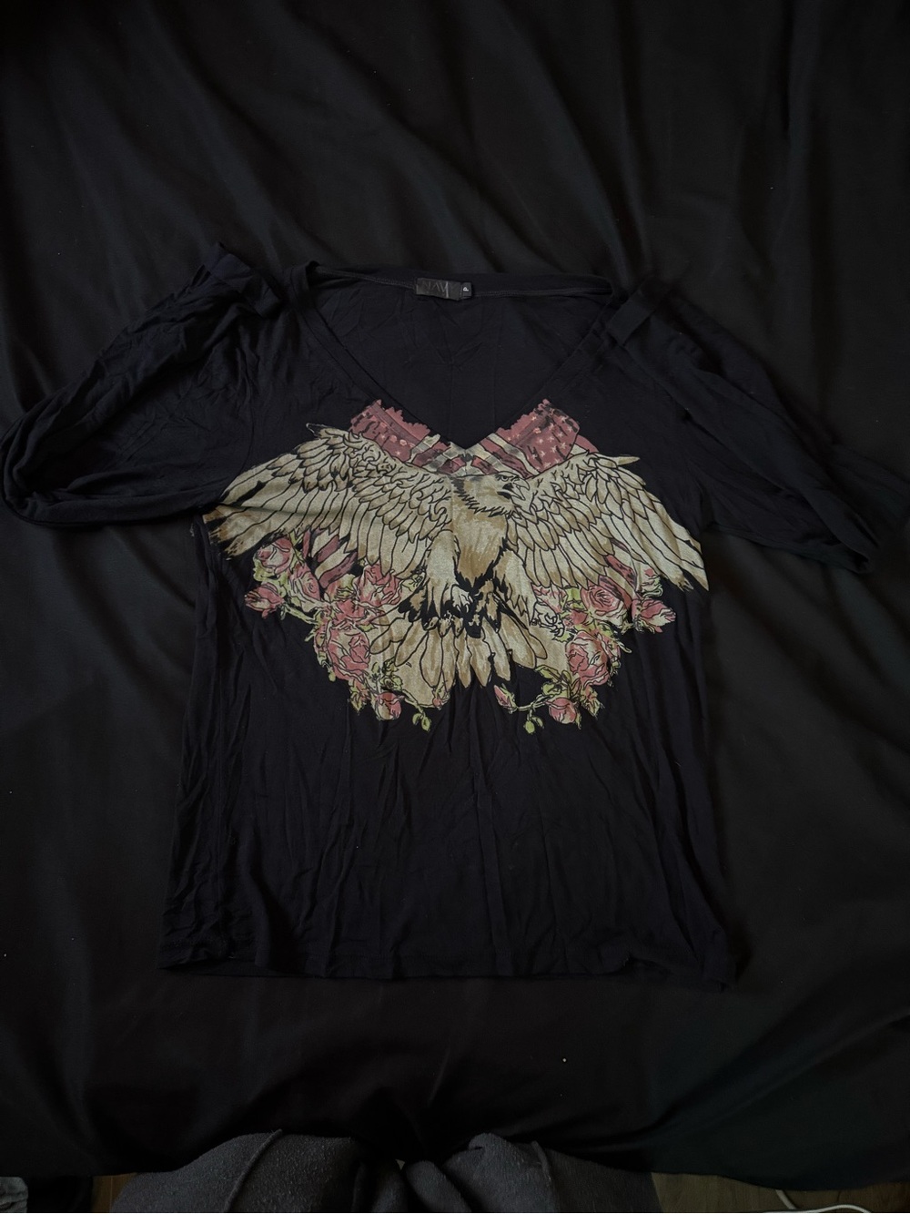 V-neck Black Graphic Eagle & Rose Print Women's Top Y2K